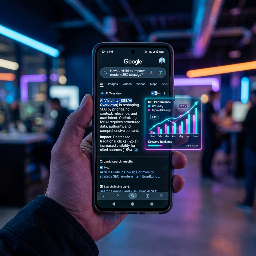 SEO, AEO & AI Visibility — Modern interface on smartphone