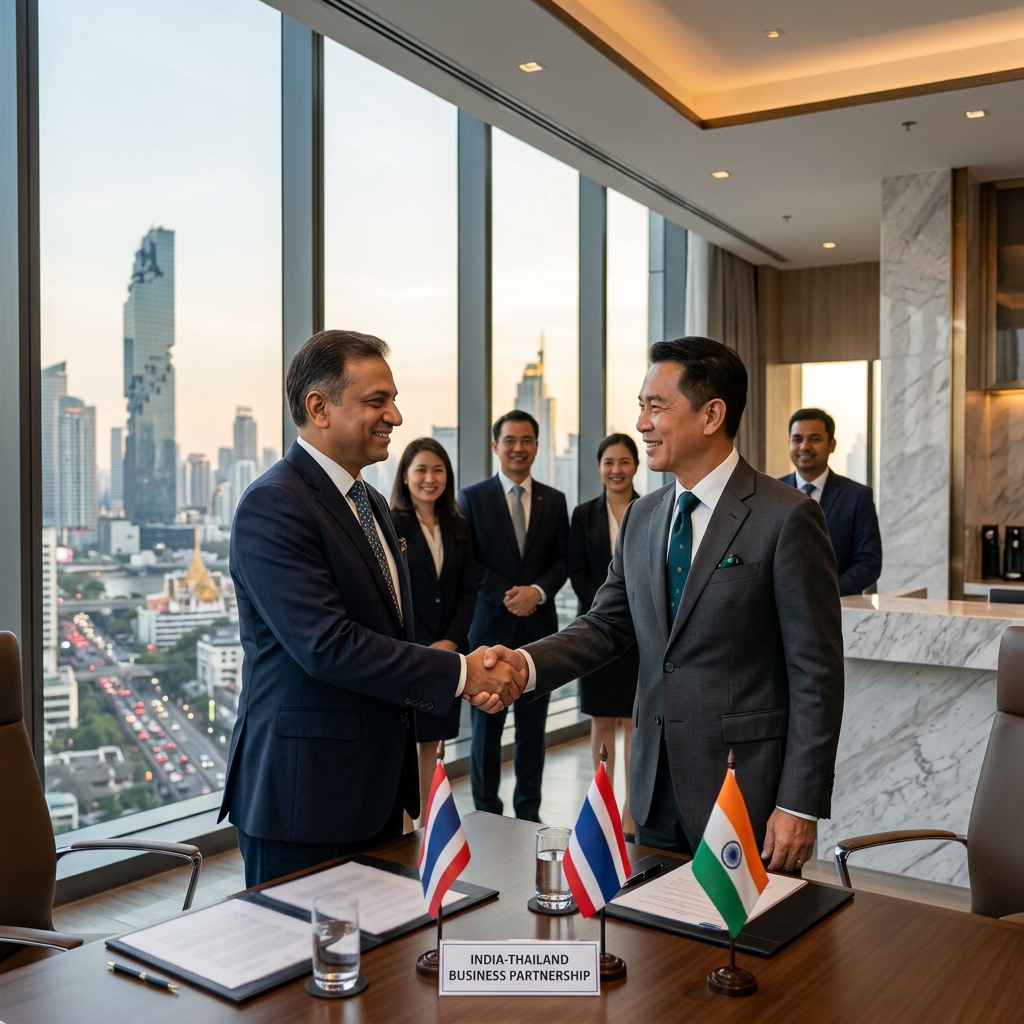 India–Thailand Business Links — Handshake in Bangkok high-rise office