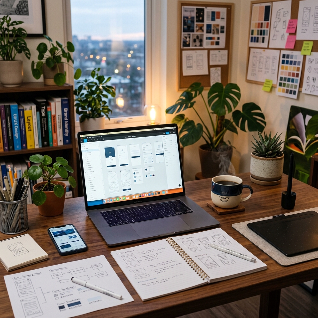 Website & UX Strategy — Designer desk with website wireframe
